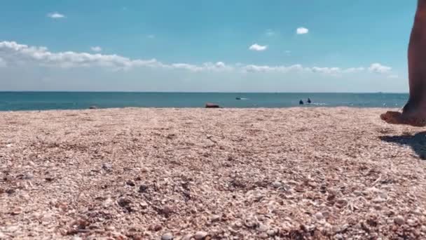 Крупним Планом Чоловічі Ноги Йдуть Гальково Піщаному Пляжі Біля Моря — стокове відео