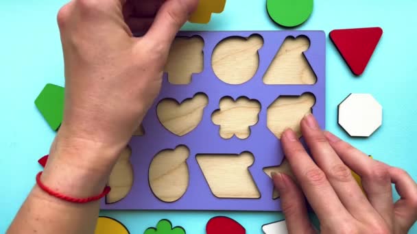 Close Brinquedo Educativo Com Inserções Com Mãos Femininas Demonstrando Montagem — Vídeo de Stock