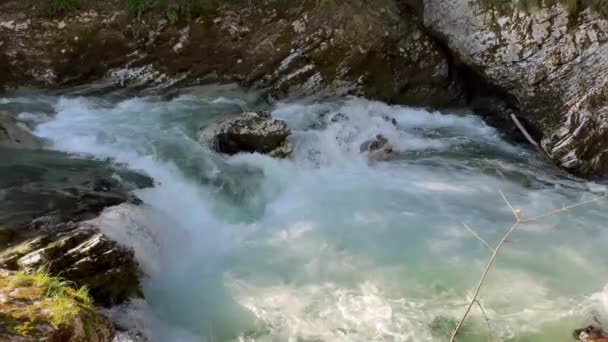 Nahaufnahme Von Wasserfällen Der Schlucht Wasser Das Einen Fluss Hinunterfließt — Stockvideo