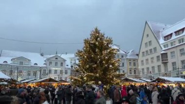 Estonya, Tallin - 7 Ocak 2024: Noel pazarı ve merkezinde Noel ağacı. Yüksek kaliteli FullHD görüntüler