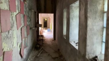 İçi dökülen boya ve parçalanmış camlarla dolu acımasız koridor. Çürüme ve terk edilme hissi veriyor. Yüksek kalite 4k görüntü