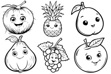 Hindistan cevizi, ananas, mango, incir, üzüm ve portakal gibi gülümseyen meyvelerin renklendirme sayfası çizimi..