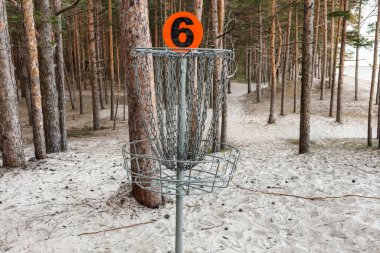 6 numaralı parlak turuncu işaretli bir disk golf sepeti uzun çam ağaçlarıyla çevrili kumlu bir orman sahasında duruyor. Dışarıdaki huzurlu ortam disk golf oynamak için manzaralı bir yer olduğunu gösteriyor.