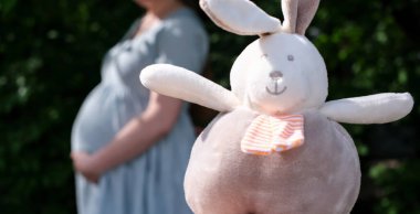 Bulanık hamile bir kadının arka planda karnını tuttuğu yumuşak peluş tavşan oyuncağı. Açık havada doğal ışık altında yakalanan bu görüntü annelik, beklenti ve yeni duygular uyandırıyor.