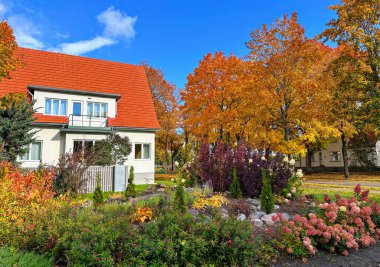 Güzel bir sonbahar bahçesiyle çevrili, kırmızı çatılı rahat bir ev. Ağaçlar parlak mavi bir gökyüzü altında turuncu, sarı ve kırmızı yaprakların canlı tonlarını sergiliyor..