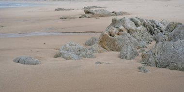 Sahilde sakin ve bulutlu bir günün geniş açılı görüntüsü. Büyük, gri ve bej renkli kayalar altın-kahverengi kumun üzerine saçılmış, sığ su havuzları bulutlu gökyüzünü yansıtıyor..