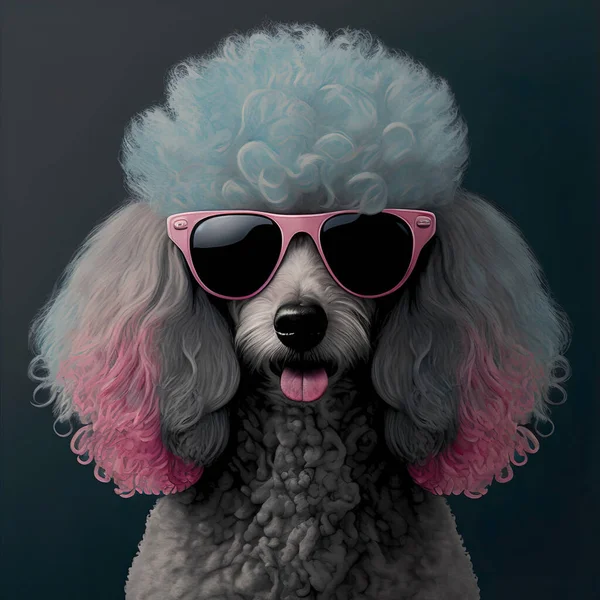 Fashionable poodle dog with pink heart shaped sunglasses.