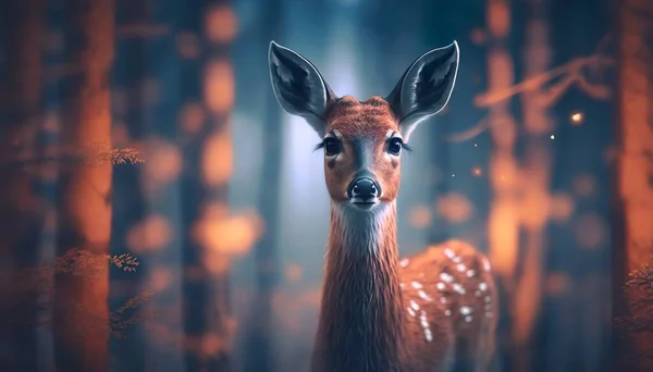 A young deer staring straight back at the camera dream forest.