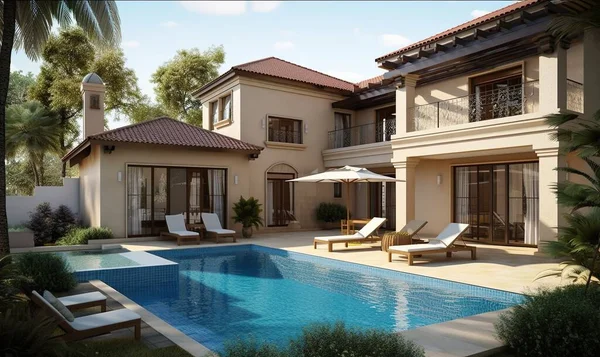 real estate luxury exterior design pool villa with interior design living room home, house ,sun bed.