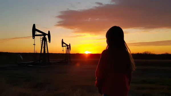 Female in an Oilfield by Sunset. woman an oil pump.