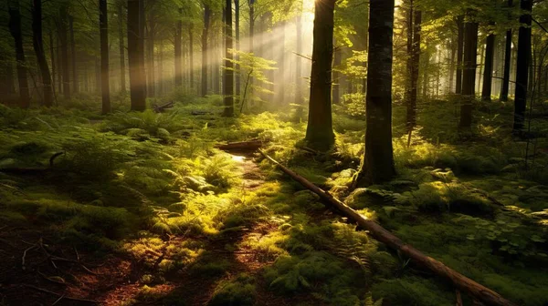 Sonnenstrahlen Leuchten Durch Den Natürlichen Buchenwald Farne Bedecken Den Boden — Stockfoto