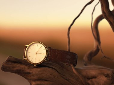 Elegant watch, wooden log, sunset clipart