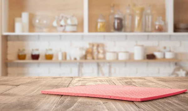 Wooden Kitchen Countertop Red Napkin — Stock Photo, Image