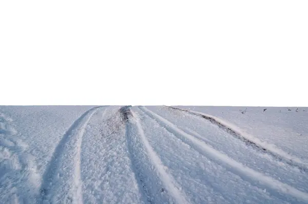 Lapangan Pertanian Tertutup Salju Dengan Jejak Truk Stok Lukisan  