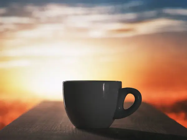 stock image Cup of Coffee on Wooden Table at Sunrise