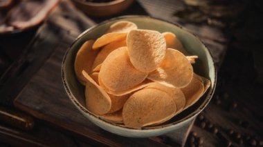 Ahşap masa üzerinde gevrek patates cipsi Kase