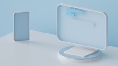 3D analitik, altın madeni para ve mavi arayüzlü minimalist finansal teknoloji kavramı beyaz masanın üzerinde