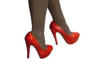 Gri Çoraplı Parlak Kırmızı Yüksek Topuklar Baştan Çıkarıcı Moda Açıklaması Oluşturuyor