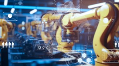 Sanayi 4.0 ortamında, yapay zeka kullanan fabrika üretim hatlarının görüntüsü ve yapay zeka ve robotlar aracılığıyla fabrika otomasyonu.
