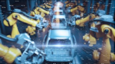 Sanayi 4.0 ortamında, yapay zeka kullanan fabrika üretim hatlarının görüntüsü ve yapay zeka ve robotlar aracılığıyla fabrika otomasyonu.