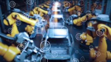Sanayi 4.0 ortamında, yapay zeka kullanan fabrika üretim hatlarının görüntüsü ve yapay zeka ve robotlar aracılığıyla fabrika otomasyonu.