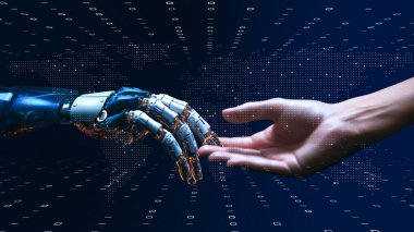 Sanayi 4.0 ortamında, yapay zeka kullanan fabrika üretim hatlarının görüntüsü ve yapay zeka ve robotlar aracılığıyla fabrika otomasyonu.