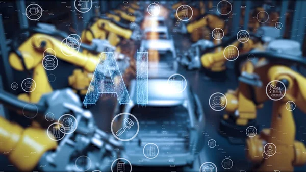 In the environment of Industry 4.0, the image of factory production lines using AI and factory automation through AI and robots.