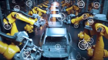 Sanayi 4.0 ortamında, yapay zeka kullanan fabrika üretim hatlarının görüntüsü ve yapay zeka ve robotlar aracılığıyla fabrika otomasyonu.