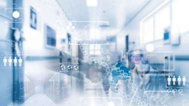 Dijital hastane geçmişi olan modern arayüzle tıbbi doktor bağlantısı. Tıbbi teknoloji ağı konsepti. DNA.