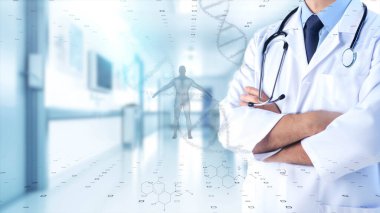 Dijital hastane geçmişi olan modern arayüzle tıbbi doktor bağlantısı. Tıbbi teknoloji ağı konsepti. DNA.