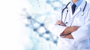 Dijital hastane geçmişi olan modern arayüzle tıbbi doktor bağlantısı. Tıbbi teknoloji ağı konsepti. DNA.