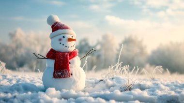 Sevimli bir kardan adamın sıcak bir kış selamı verdiği bir görüntü. Noel, kış atmosferi üretimi.