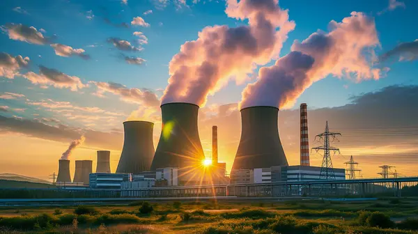 산업과 사이의 조화의 이미지 에너지 아침에 원자력 발전소 스톡 이미지