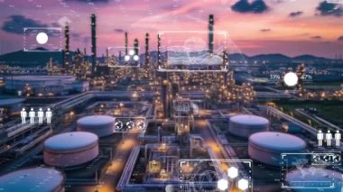 Sanayi 4.0 ortamında, yapay zeka kullanan fabrika üretim hatlarının görüntüsü ve yapay zeka ve robotlar aracılığıyla fabrika otomasyonu.