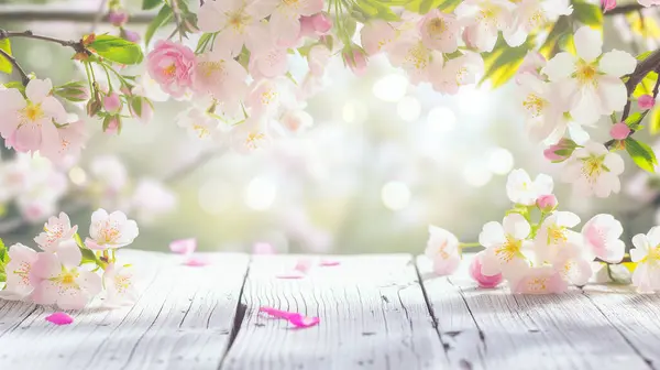 Soft cherry blossom petals in spring spread across whitewashed wood. An image of relaxed Japanese harmony.