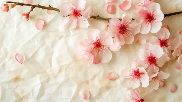 Soft cherry blossom petals in spring spread across whitewashed wood. An image of relaxed Japanese harmony.
