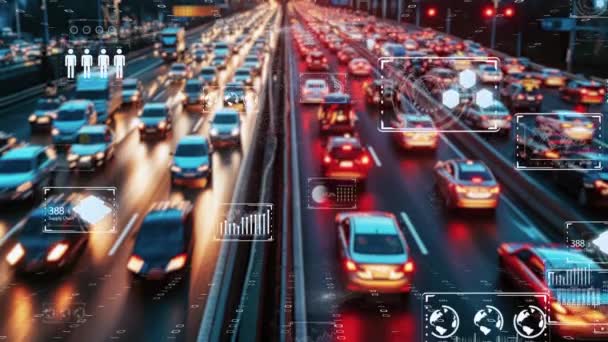ホログラフィックインターフェイスと自動車フロー制御を備えた高度な輸送システム デジタル化された未来的な交通システムのイメージ — ストック動画