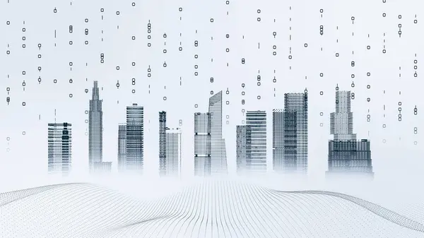 stock image Digital cityscape with data streams, futuristic architecture