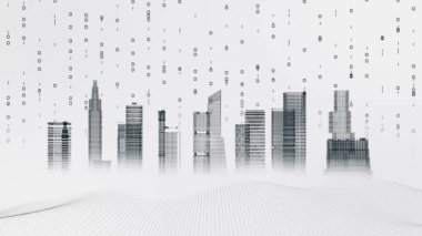 Veri akışlı dijital şehir manzarası, gelecekçi mimari