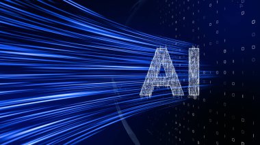 Makine öğrenme algoritmaları ve sinirsel ağlarla çevrili geleceksel bir ortamda yansıtılan dijital yapay zeka hologramı