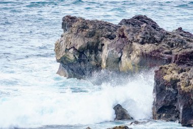 Körfezin volkanik kıyılarının manzarası. Lanzarote. Balear Adaları. İspanya