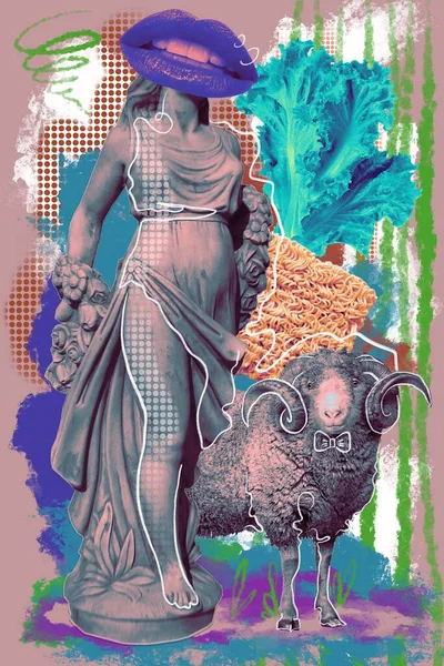 Yaratıcı modern psikedelik konsept sanat kolajı. Mutsuz aşk kavramı. Kafası ve koçbaşı yerine dudakları olan bir kadının antik heykeli. Dünyalar arası uyumsuzluk, evlilik