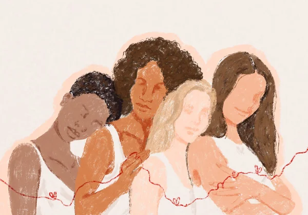 Чотири Красиві Абстрактні Дівчата Різних Національностей Пов Язані Червоною Ниткою — стокове фото