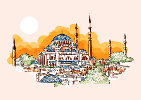 水彩画手描きスケッチ アヤソフィアモスク イスタンブール トルコ トルコの有名な観光地 — ストック写真