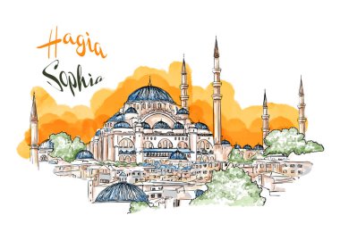 Suluboya el çizimi Aya Sofya, Ayasofya Camii, İstanbul, Türkiye. Türkiye 'nin ünlü bir manzarası