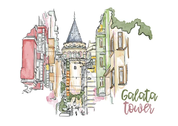İstanbul 'daki Galata Kulesi' nin suluboya çizimi. Türkiye 'nin ünlü bir manzarası. Bir şehir manzarası