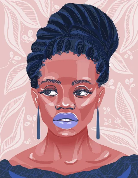 Güzel siyah afro kadın portresi. Boho otantik modern tarzında zarif bir kızın Avatar 'ı. Beyaz çiçek aranjmanlı bir kız. Güzellik, kadınlık ve şefkat kavramı. Modern çağdaş
