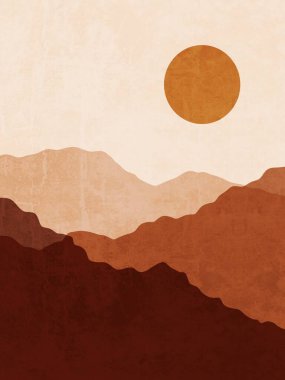 Yüzyıl ortası Dağları ve Günbatımı bohem basılabilir duvar resimleri, boho posteri, pastel soyut sanat, manzara çizimleri, dağ resimleri. Soyut düzenlemeler. Manzaralar, dağlar. Posterler.