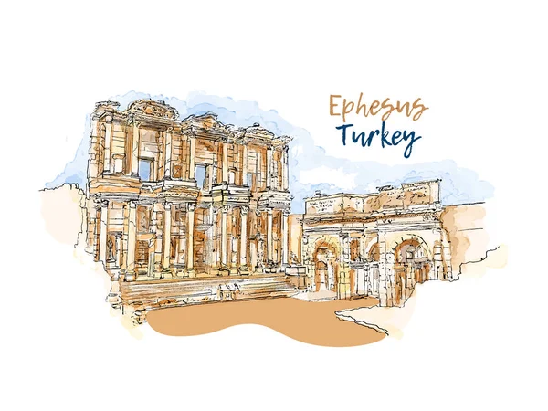 Ephèse Izmir Turquie Bibliothèque Celsus Paysage Abstrait Monuments Turcs Sur — Image vectorielle