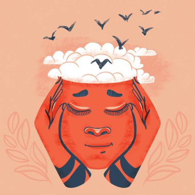 Beyin şeklinde bulutları olan insan kafası. Hayallerin, özgürlüğün ve umudun sembolü olarak uçan kuşlar. Yaratıcı fikirler, meditasyon ve ilham.